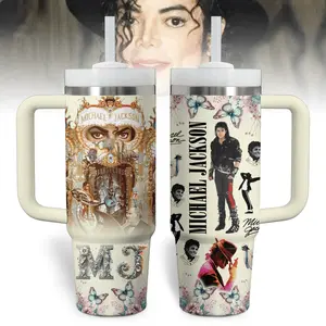 King of Pop Dangerous Era Michael Jackson Tumbler – Ornate Art Collage & Butterfly Aesthetic Design, MJ Portrait & Dance Pose, 20oz/40oz Stainless Steel Insulated Mug with Handle, Gift for Fan, Pop Culture Flask