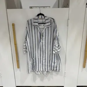 Paris one size fits extra small to extra large linen 100 percent short dress relaxed fit striped dress with coconut buttons collar lightweight summer piece