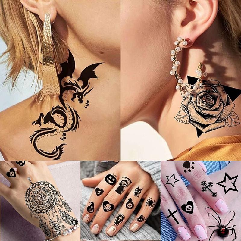 76 Sheets Large Black Temporary Tattoo Stickers, Forearm Design, Including Tribal Wolf, Tiger, Lion, Skull, Halloween Temporary Fake Tattoo Stickers, 12 Fake Tattoo Big Stickers for Arms, Chest and Shoulders for Men or Women, 64 Tiny Black Tattoo Stickers