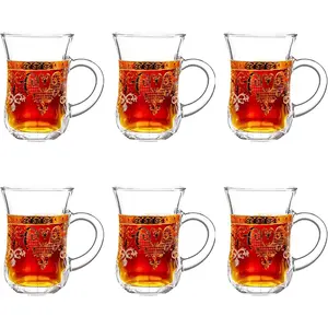 Turkish Tea Glasses Set of 6 - Gold Moroccan Tea Cups with Handle - 5 oz Footed Glass Coffee Mugs for Hot Cold Beverages Drinks