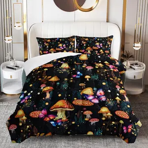 3pcs Mushroom Butterfly Comforter Set, Vintage Duvet Set for Girls and Adults Bedroom or Guest Room Decor, Lightweight Soft All Seasons Comforter Machine Washable Microfiber Quilt with 2 Pillowcases, Gifts for the Family
