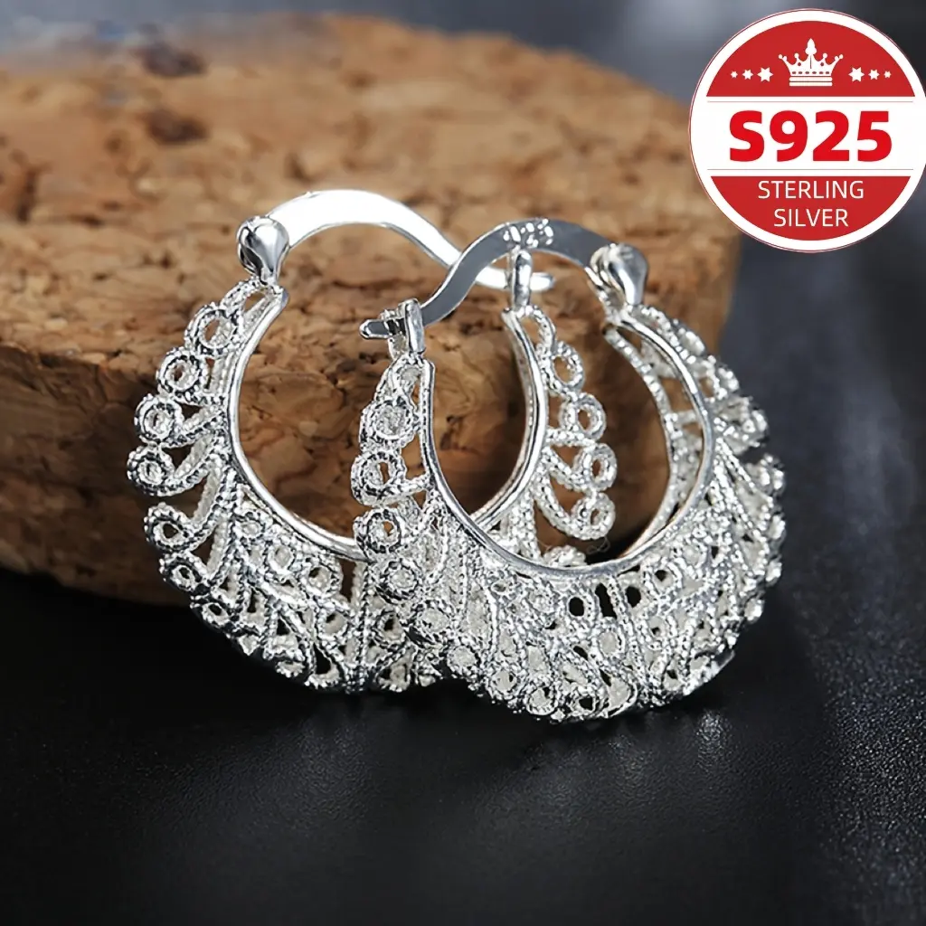 Women's S925 Sterling Silver Loop Earrings - Bohemian Retro Hollow Flower Vine Jewelry with Carved Details, Ideal for Wedding Wear, Flower Vines