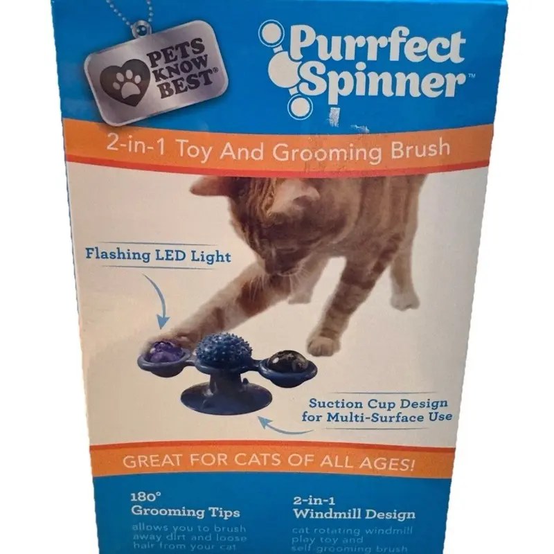 Purrfect Spinner 2-in-1 Cat Toy & Grooming Brush with Flashing LED Light and Suction Cup Design for Multi-Surface Use