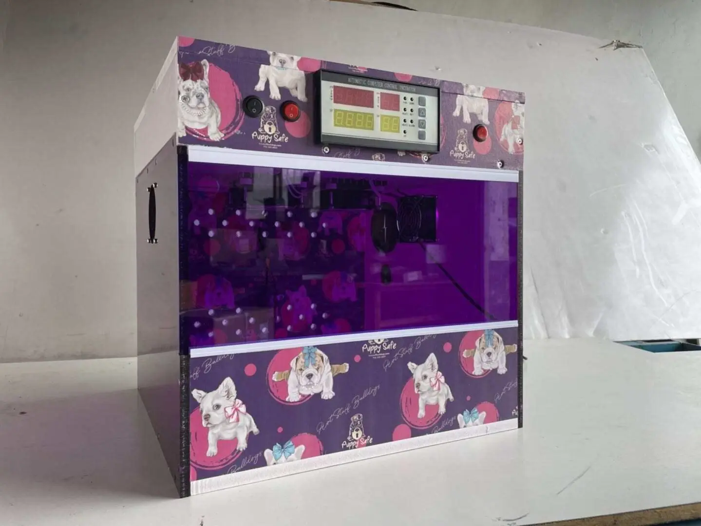 VIP Puppy Safe Incubator 18×18– Purple Puppy Pattern w/ purple acrylic, and purple led light