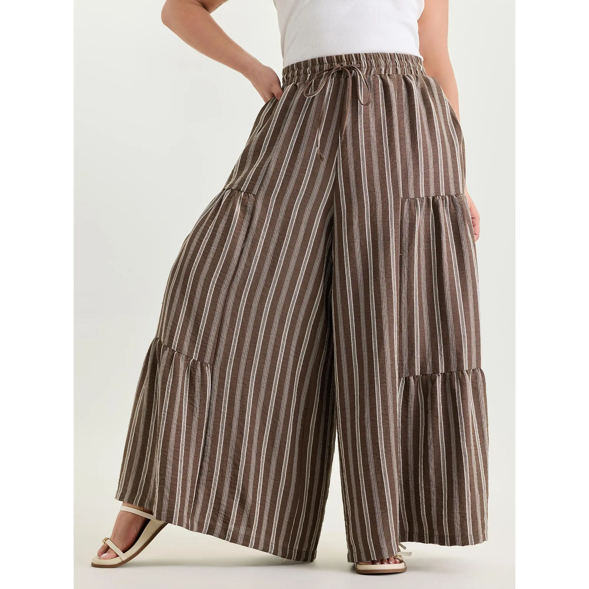 BloomChic Women's Plus Size Fashion Mid-Rise Fitted Striped Pants - Smooth Polyester-Rayon Fabric, Lace-Up Detail, Pockets, Casual Leisure Bottoms for Summer Women's Fashion, Bottom
