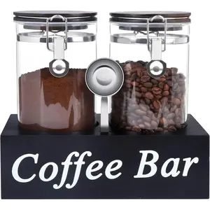2 count Glass Coffee Containers With Shelf 54 oz Station Organizer Bean Storage With Spoon Canister Set Jars With Airtight Locking Clamp for Ground Nuts