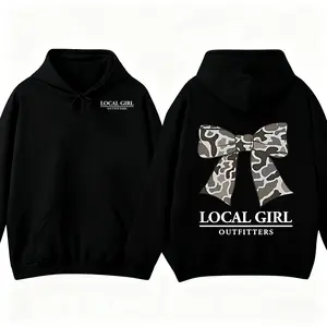 Local Girl Coquette Bow Hoodie Camouflage Design Graphic Casual Hooded Pullover for Women Oversized Print Apparel Made In The USA Long Sleeve Fitted Sweatshirts Everyday Wear