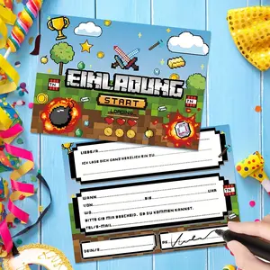 12 Piece Birthday Invitation Cards for Boys, German Pixel Theme Party Invitations, Kids' Birthday Party Game Theme Invitations