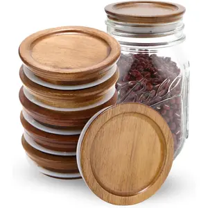 6 Pack Regular Mouth Mason Jar Lids  canning lids Acacia Wooden mason jar Lids with Airtight  Seal, Brown (6PCS Regular Lids)