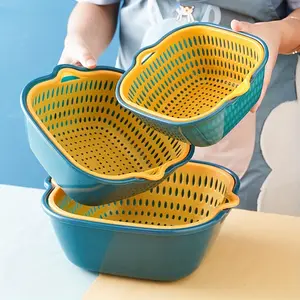 Kitchen Strainer Basket, 6 Counts/set Plastic Double Drain Basket, Fruit & Vegetable Washing Basket, Food Colander Kitchenware, Kitchen Utensils & Gadgets