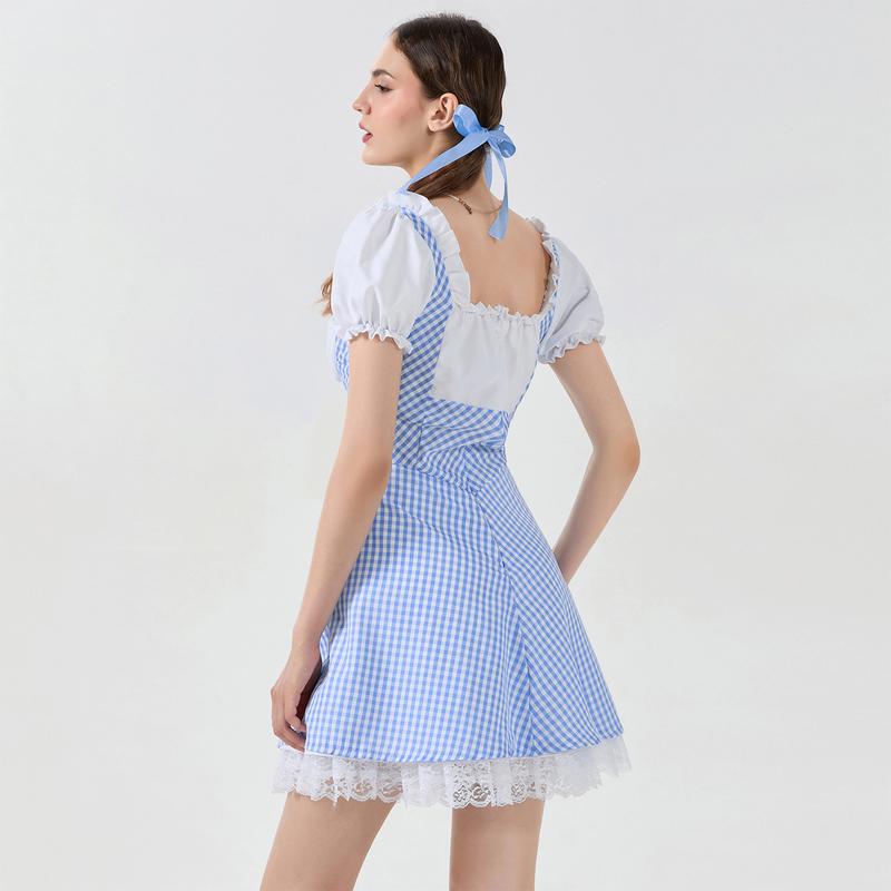 Women's Cosplay Sweetie Costume Short Puff Sleeve Lace Hem Plaid Corset Party Dress