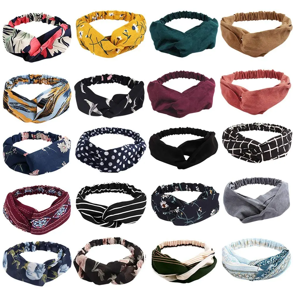 Boho Knotted Twisted Floral Headbands - 20 Pack Elastic Headband Hair Accessories for Women | Elastic Headband Fashion Twisted Head Wrap Floral Bandeau Headbands Gift