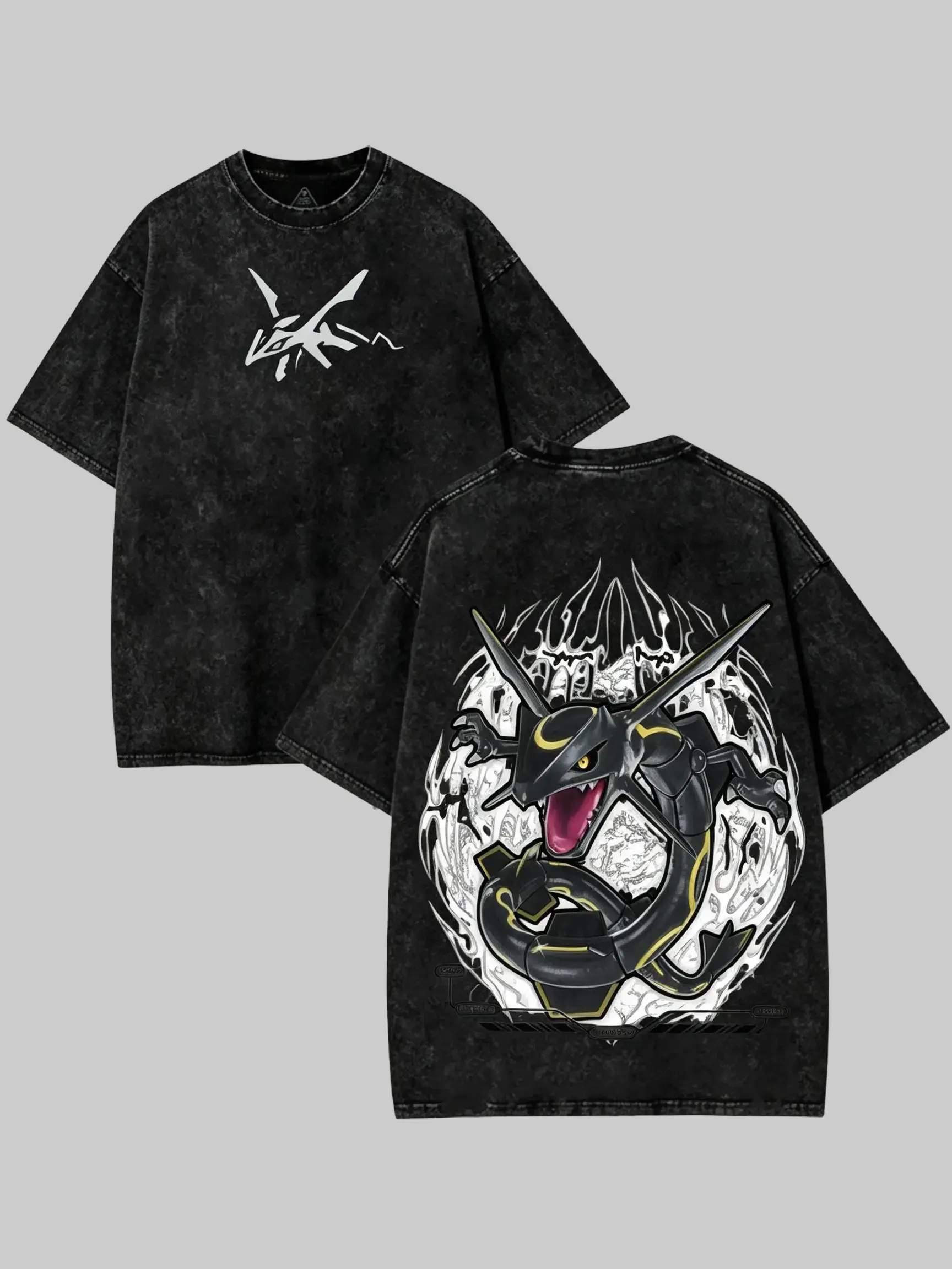 Shiny Rayquaza Anime Graphic Tee Heavyweight Acid Wash T-Shirt | Vintage Dark Grunge Streetwear Oversized Graphic T Shirt Men