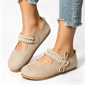Women’s Pearl Strap Mary Jane Flats, Round Toe Comfortable Slip-On Shoes, Non-Slip Casual Ballet Flats for Everyday and Party Wear