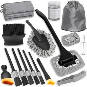Windshield Cleaner Tool, 18Pcs Car Interior Detailing Brush Set, Inside Windshield Cleaning Kit with 200g Cleaning Gel, Duster Brush, 2 Microfiber Pads, Car Detailing Supplies for Men (Gray)