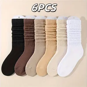 6PCS Women's Crew Socks Retro Solid Cotton Cozy Slouchy Socks for All Seasons Comfortable and Stylish