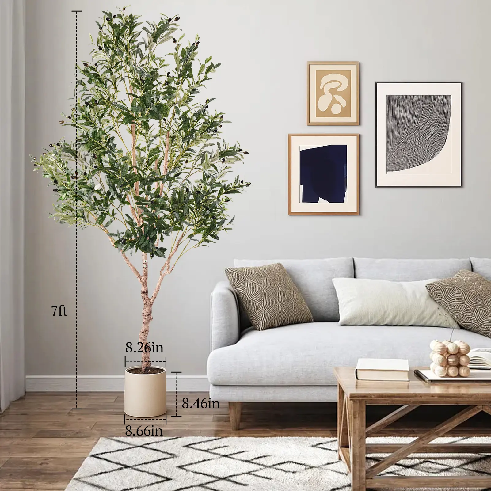 7FT Large Artificial Olive Tree, Upgraded Faux Olive Tree with Natural Wood Trunk & Lifelike Fruits, White Tall Planter, Modern Artificial Plant for Home Office Decor