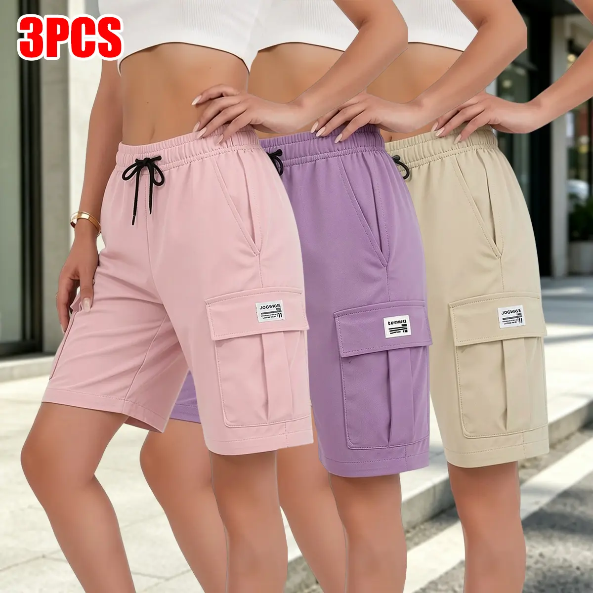 Women's Outdoor 3-Pack Fashion Shorts Set - Breathable Soft Polyester Activewear, Elastic Drawcord Waistband, Multi-Pockets, Knee-Length Mid-Waist Bottoms for Casual Summer (Solid Color Options)