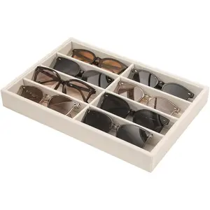 Coward Sunglass Organizer Tray, Beige Velvet Glasses Organizer Trays, Eyeglasses Watches Jewelry Display Organizer Tray Box for Men Women (8 Grids)