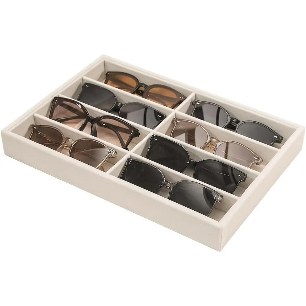 Coward Sunglass Organizer Tray, Beige Velvet Glasses Organizer Trays, Eyeglasses Watches Jewelry Display Organizer Tray Box for Men Women (8 Grids)