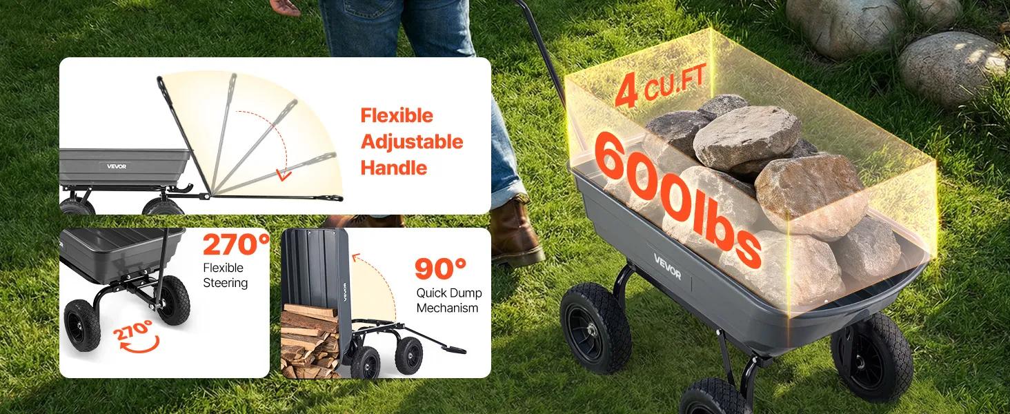 VEVOR Garden Dump Cart, 600 lbs Poly Dump Cart, Garden Carts Dumps Wagon with 90° Quick-Dumps Mechanism, 180° Swivel Wheels, 270° Flexible Rotating Bearings, Yard Wagon for Plants, Soil, Crops