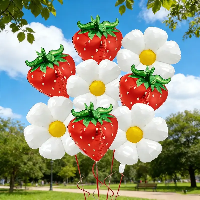 Strawberry Daisy Balloon Set, Strawberry Theme Birthday Party Decor, Berry Foil Balloons, Party Balloons Decorations, 8pcs/6pcs/2pcs, Perfect for Celebrations
