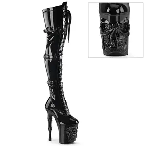 Women's 8-in Platform Heel Boots, RAPTURE-3028 Black Stretch Patent Footwear with Lace & Buckle Closure