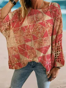 Women's Geometric Print Long Sleeve Knit Top, Vacation Hoodie with Hollow Batwing Sleeves, Elegant Loose-Fitting Sweater