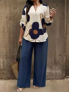 Spring Summer Plus Size Casual Office Two-Piece Set, Women's Peach Base Navy Large Flower Print V-Neck Long Sleeve Top + Deep Blue Wide Leg Pants