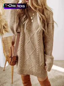 Women's Solid Textured Cozy Cable Knit Drop Shoulder Sweater Dress, Casual Long Sleeve Round Neck Jumper Dress for Fall & Winter, Women's Knitwear for Daily Wear Womenswear