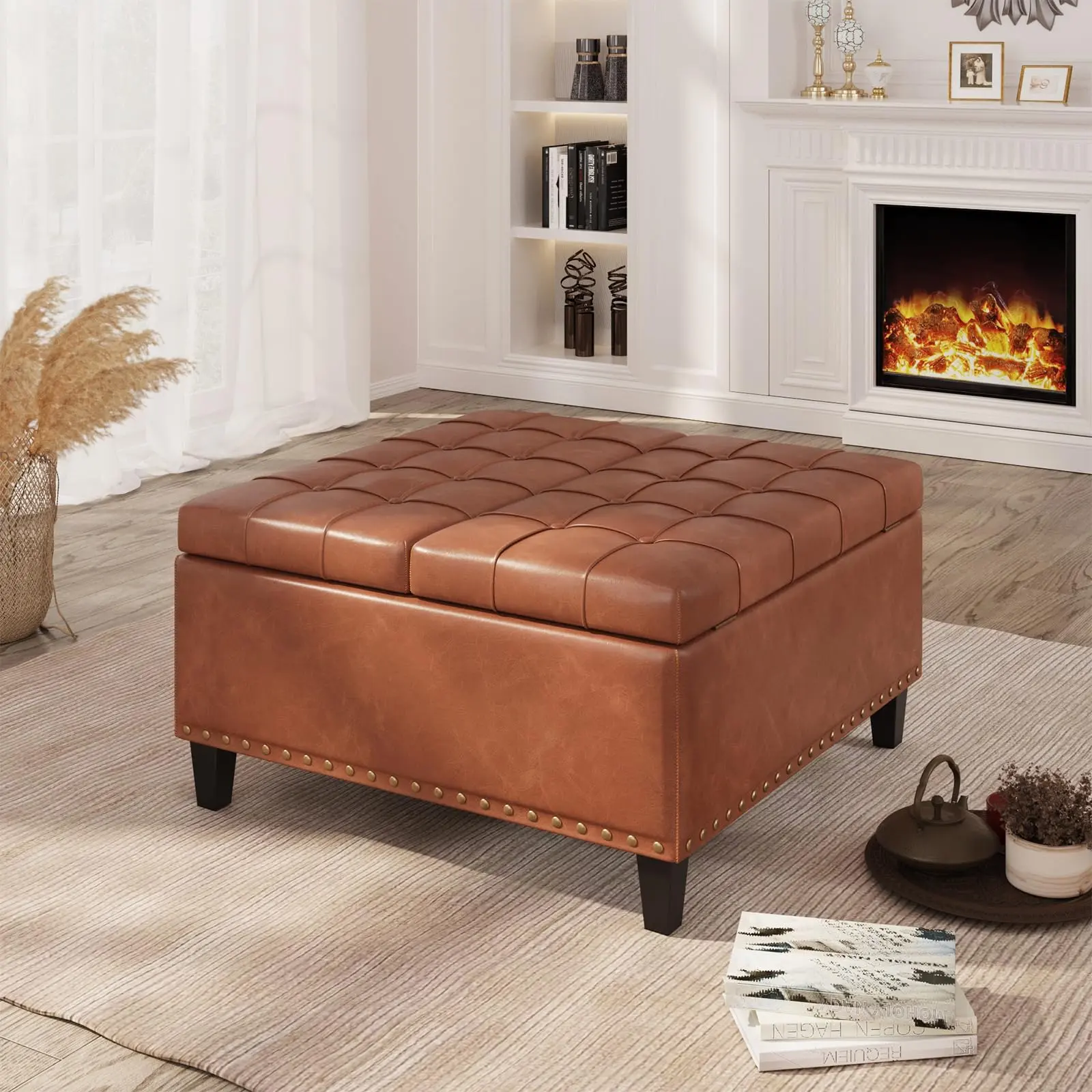 [Summergarden] Vabches Tufted Square Ottoman Coffee Table with Storage, Leather Upholstered Cube Storage Ottoman, Oversized Footrest Stool Toy Box Storage for Livingroom Bedroom