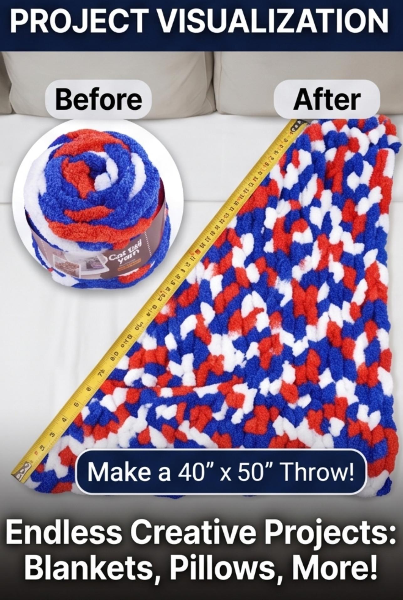 Patriotic Red White Blue Chunky Chenille Yarn (4 Pack) - No-Needle Finger Knit Yarn, Ultra Soft Plush Cat Tail Yarn for DIY Blankets & Gifts