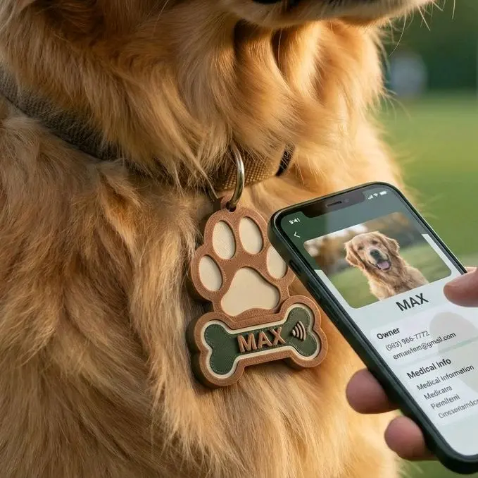 Custom 3D Printed NFC Dog Tag with Paw Print Design and Personalized Name  for Pet Identification