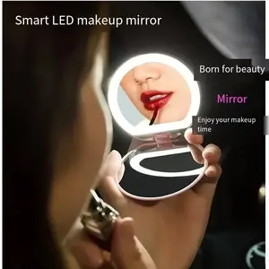 New HD Five Times Magnifying Glass, Dual Mirrors, Three Light Modes, Portable Flip Cover Round Foldable LED Makeup Mirror, USB Rechargeable Mini Mirror