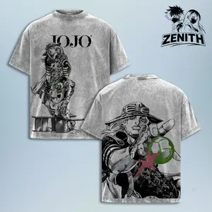 Vintage Jojo Anime Shirt Washed Oversized Streetwear Tee Y2K Grunge Manga Graphic T Shirt Aesthetic Anime Clothing for Men Women Harajuku Style Outfit