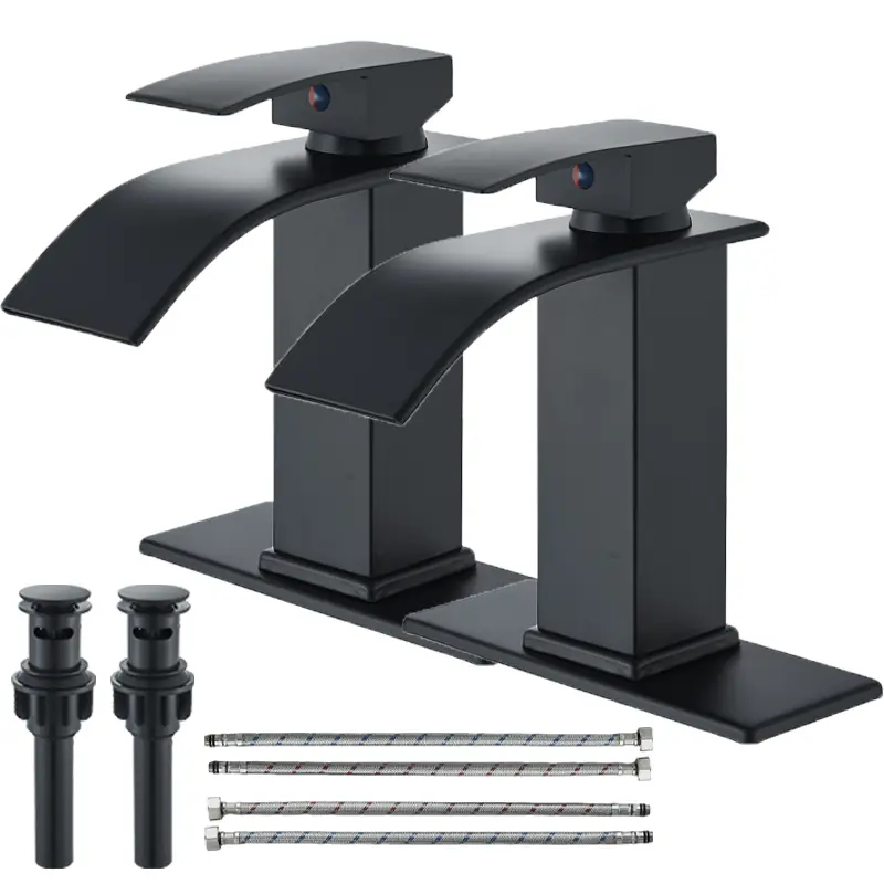2PCS Luxury Waterfall Bathroom Sink Faucet with Pop-Up Drain, Single Handle Mixing Hot Cold 3 Holes Vanity Basin Faucet Mixer Tap, Modern Countertop Lavatory Tap for Hotel Home Bathroom Renovation, Matte Black/Chrome/Brushed Nickel/Brushed Gold/Black Gold