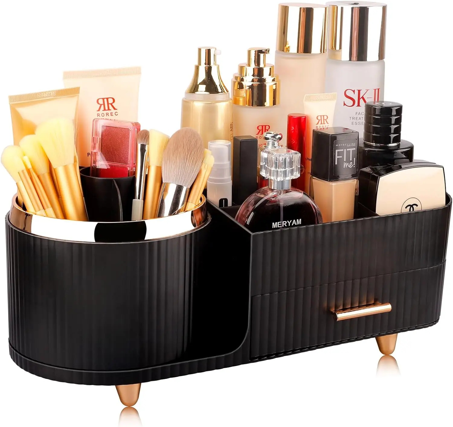 360° Rotating Makeup Organizer for Vanity with Drawers, Large Capacity Cosmetic Display Case, skincare organizer, Cosmetic Organizer for Lipstick, Skincare, Brushes, Eyeshadow, (Black)