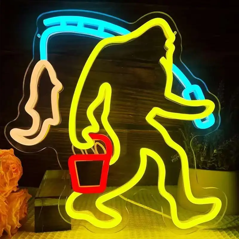 Men's Bigfoot Neon Sign，Fishing Off Bigfoot Neon Sign Light, Bright USB Powered Sasquatch Neon Sign and Unique UV Printed Fun Bigfoot Falcon Gifts Suitable for Men Women Adult Children Bigfoot Lovers Wall Art Decoration Modern Mood Lighting
