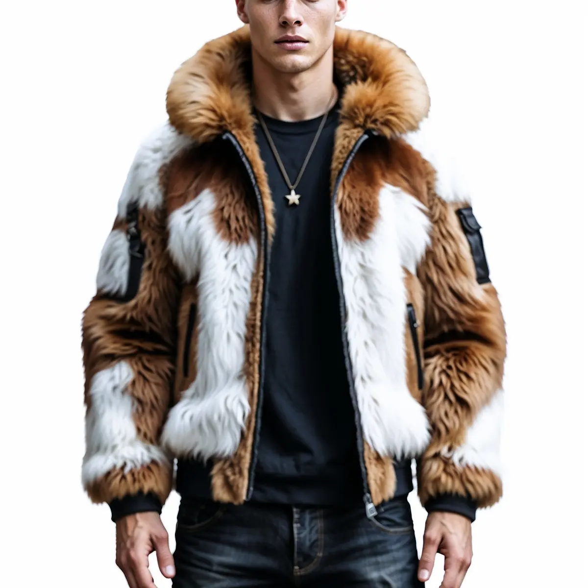 Men's Luxury Fur Bomber Jacket – Multicolor Patchwork Design with Oversized Collar
