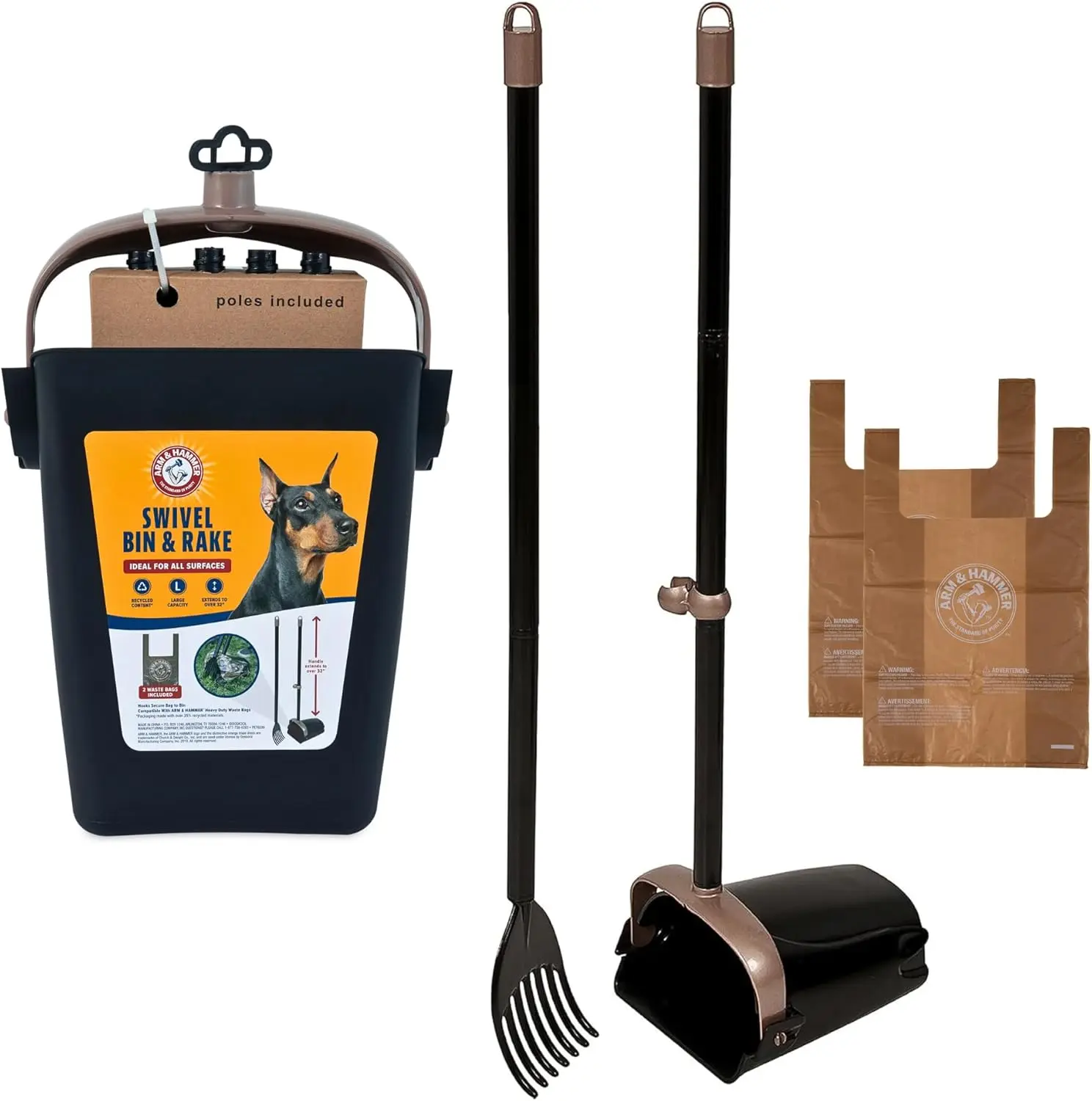 Dog Pooper Scooper with Swivel Bin & Rake, Pet Waste Scoop Tool for Yard & Outdoor, Includes Waste Bags