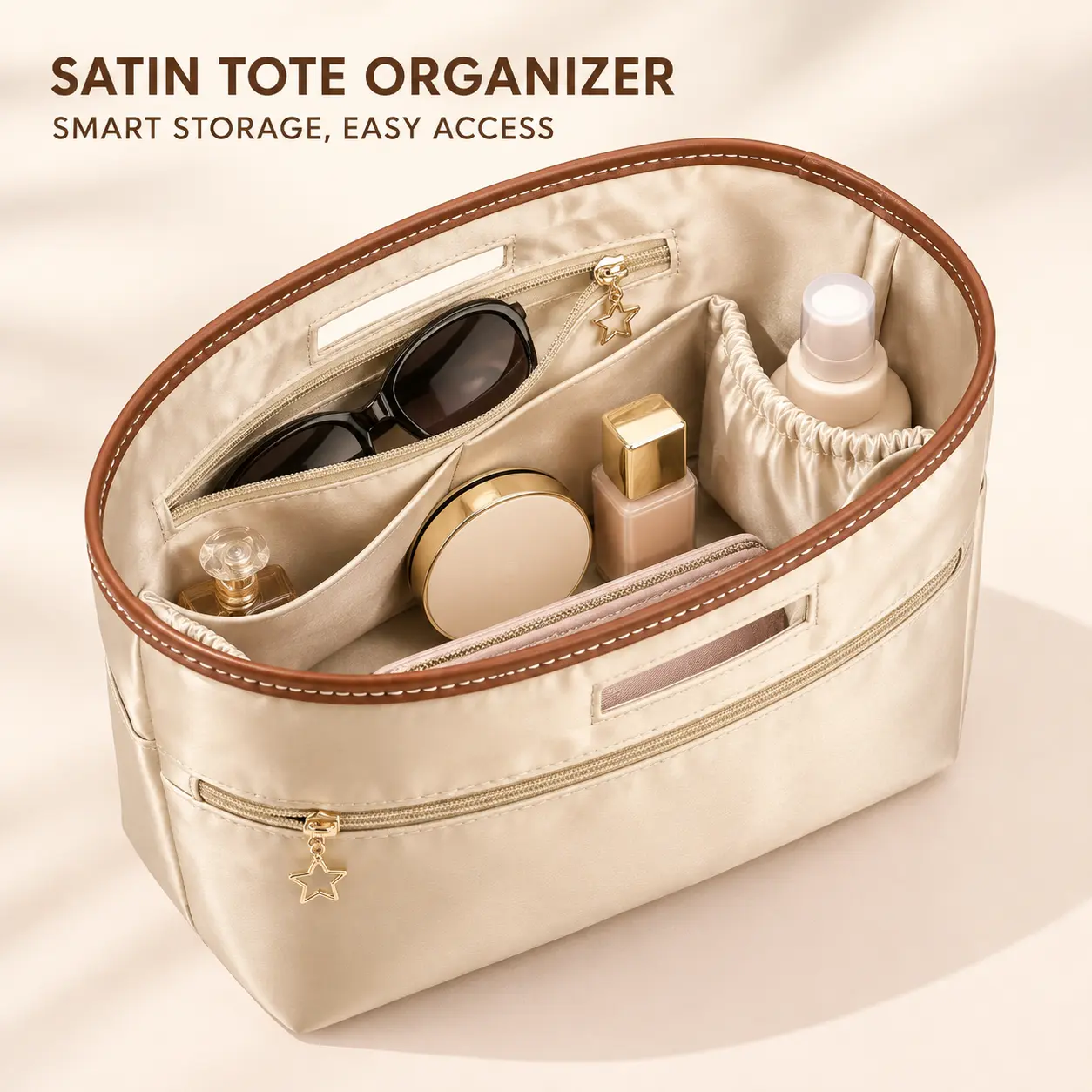 Satin Tote Bag Organizer Insert with Built-In Carry Opening, 11 Compartments, Zipper & Elastic Pockets, Small/Medium/Large
