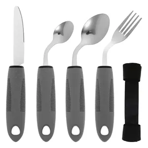 Adaptive Utensil Set with Easy Grip Textured Handle Angled Built Up Utensil with Knife Fork Spoon for Hand Tremors Arthritis Elderly