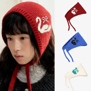 【Best Christmas gift】Cubidupi ​Little Red Riding Hood Style Swan Bonnet 3PCS Adorable Swan Knit Bonnet  Adjustable Ear Flap Hat with Tie Closure Cute Winter Headwear for Girls
