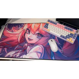 Cat Girl Neon Anime Mouse pad | Stylized Cat Cute Hot Anime Girl | Manga Desk Mat for Gaming & Work | MousePad Print Lofi Purple Cozy Kawaii