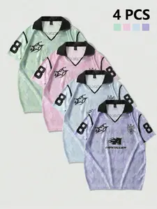 4 PCS Men's Star Print Soccer Polo Shirt Set 🎽✨ Green/Pink/Blue/Purple | "Vancouver" Graphic & Number 88 Detail | Retro Sporty Jersey Style | Lightweight Breathable Fabric | Perfect for Summer Streetwear & Casual Outings | Y2K Trend Essential