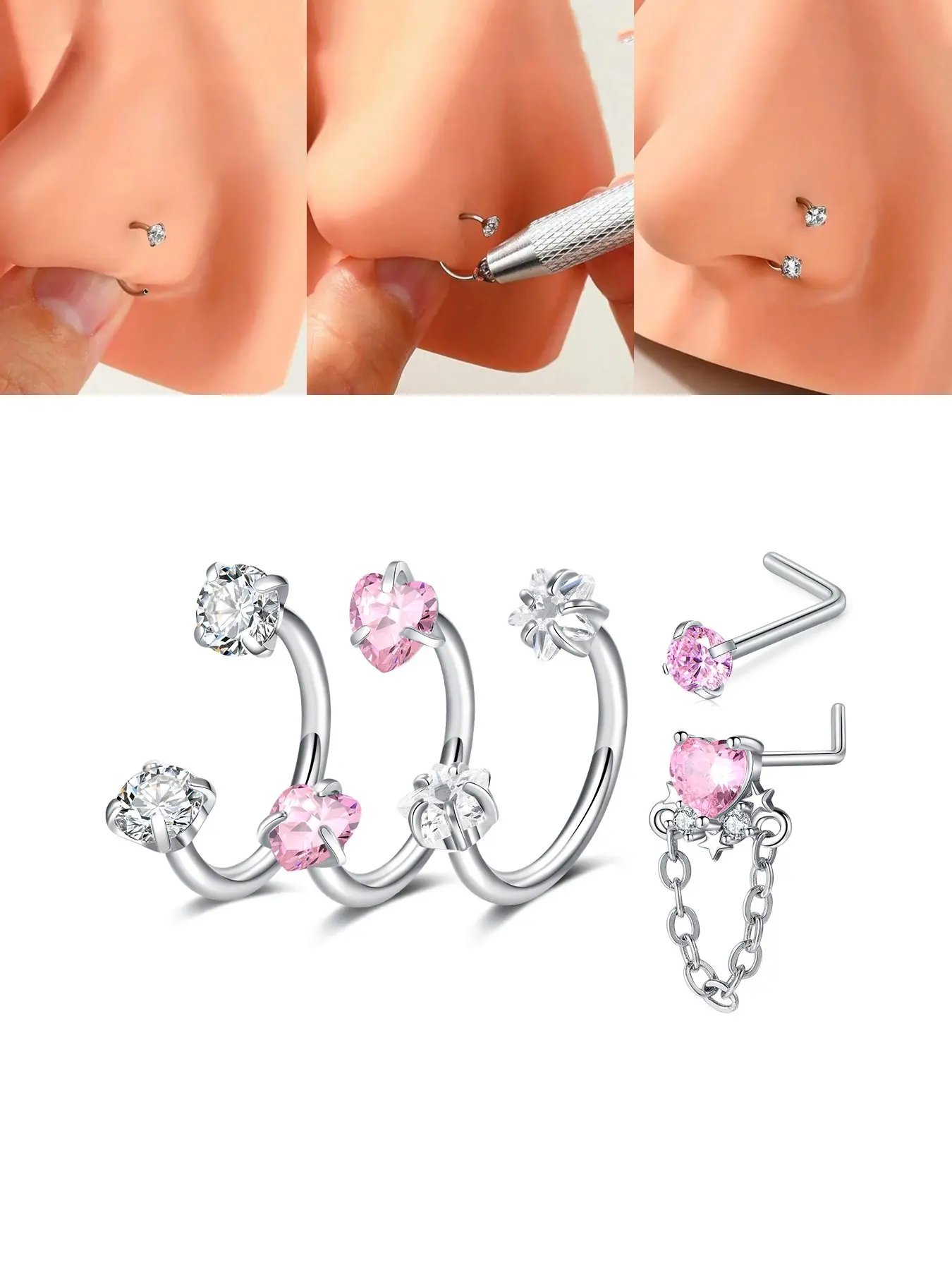 5pcs Stainless Steel 20g/18g Horseshoe Nose Ring, Rhinestone Nose Ring, Cz L Shaped Nose Studs, Nose Rings L Shaped, Floral Design, Casual Style, Nose Piercing Body Jewellery, Nose Ring Jewelry for Women Girls