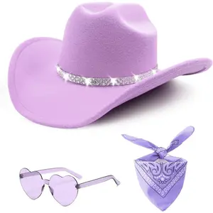 3 count Rhinestone Cowboy Hat for Women with Bandana, Heart Sunglasses set, Wide Brim Cowgirl Hat for Western Disco Party