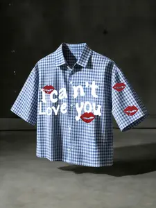 Unisex casual streetwear style "I can't Love you" red lip print plaid shirt, Y2K streetwear cropped top, suitable for streetwear, Y2K outfits, men's gifts, couple outfits, high street culture.