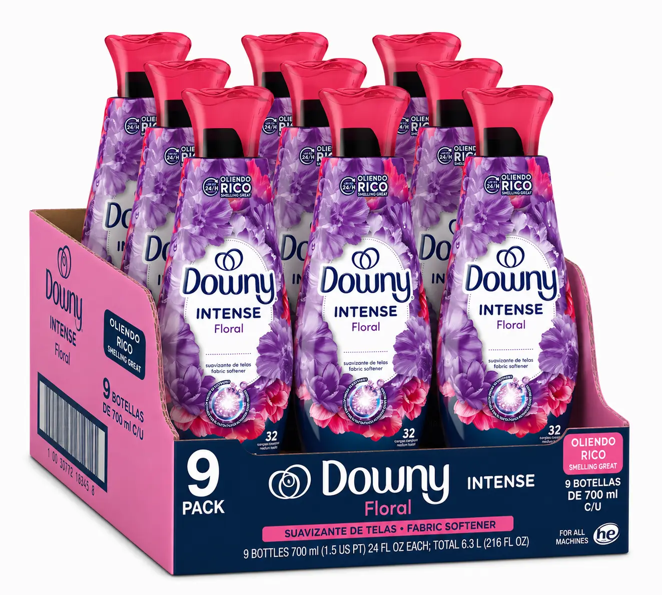 Downy Intense Floral Liquid Fabric Softener, 9 Pack, 24 fl oz Bottles, Long-Lasting Floral Freshness