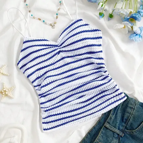 Women's Striped Pattern Cami Top, Spaghetti Strap Casual Sleeveless Top for Summer, Ladies Slim Clothes for Daily Wear, Womenswear, Casual Fitted Sleeveless Top, Camisole Tops